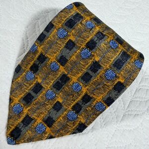 Ermenegildo Zegna 100% Silk Tie Men Gold Blue Geometric Floral Italian EUC